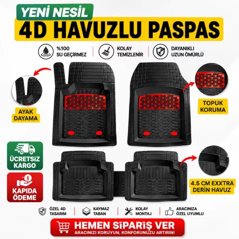 Toyota Corolla 2013-2018 4D Havuzlu Paspas Kırmızı