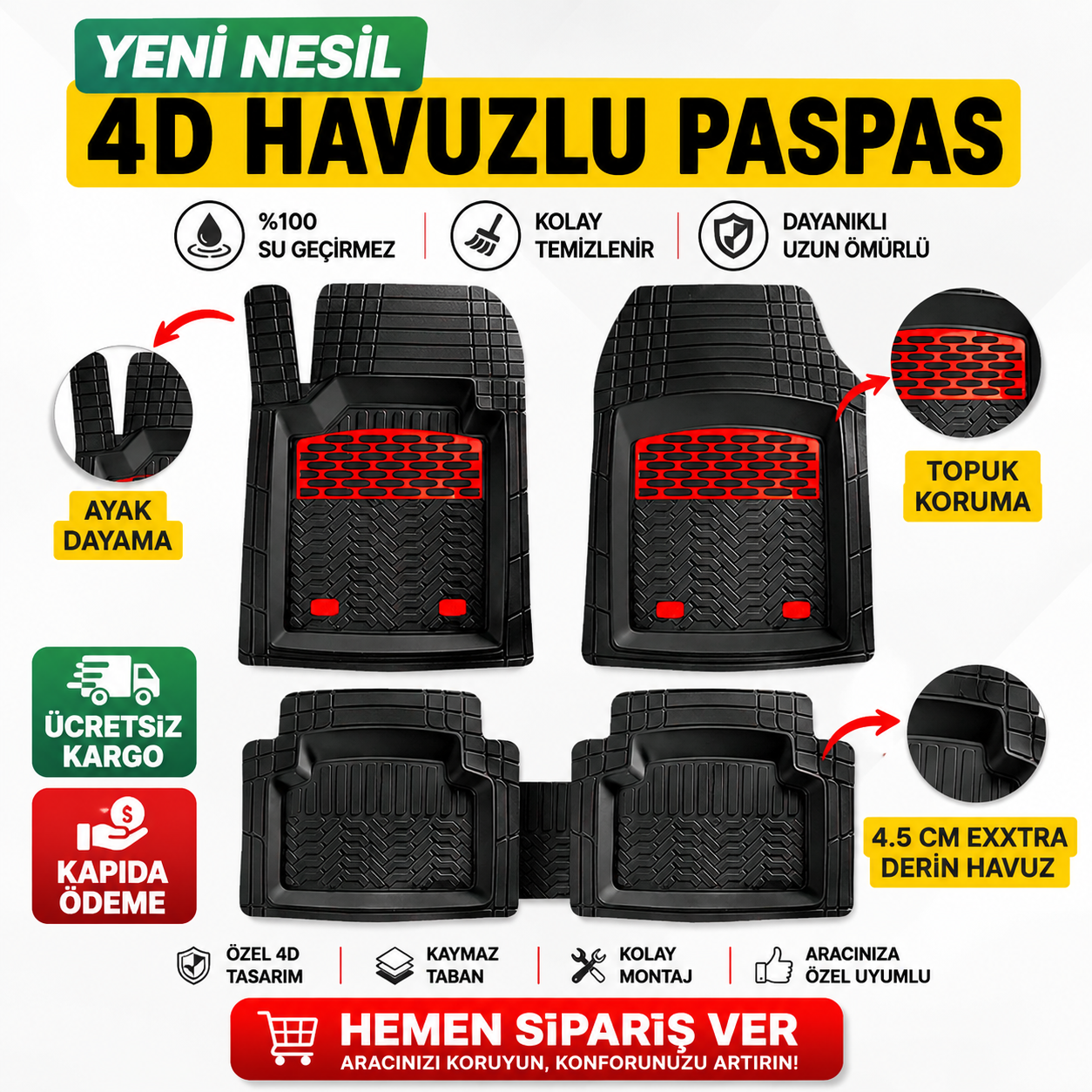 Audi A5 2016-2024 4D Havuzlu Paspas Kırmızı